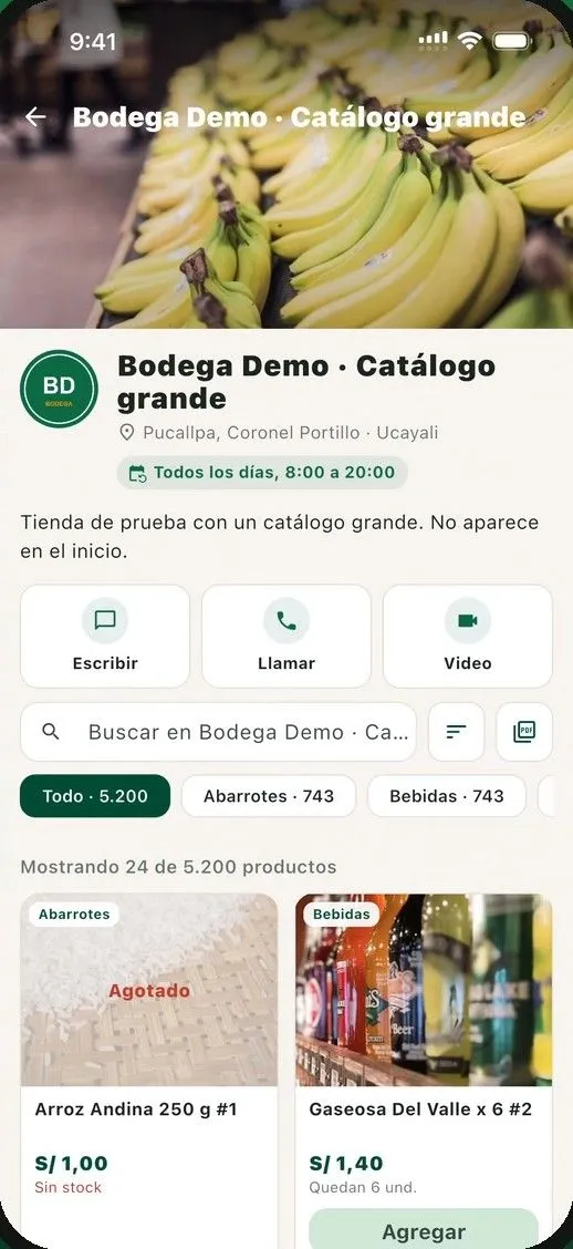 Tienda en PuestoYa con botones para escribir, llamar y videollamar