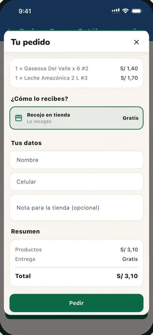 Pantalla «Tu pedido»: recojo en tienda, datos del cliente y resumen